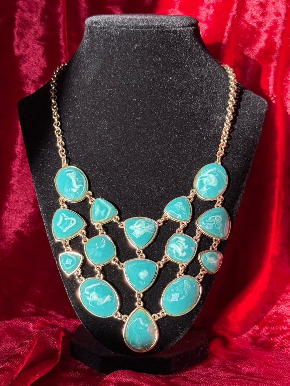 Gold-Tone Marbled Faux Turquoise Bib Necklace